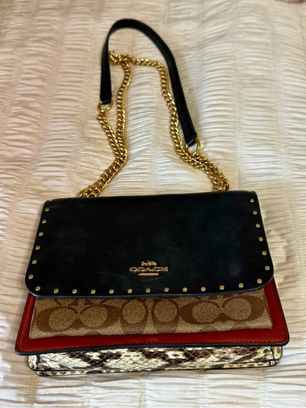 Coach Mixed-Material Black, Brown & Rust Shoulder Bag with Gold Chain